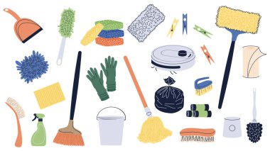 Temizlik ekipmanları dizayn edildi. Faraş, fırça, sünger, kazıyıcı, mandal, kağıt havlu, paspas, lastik eldiven, çöp torbası, deterjan spreyi, kova koleksiyonu. Vektör illüstrasyonu.