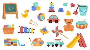 Sevimli çocuk oyuncakları dizayn edildi. Anaokulu karatahtası, lastik ördek, bloklar, piramit, kum havuzu kalıpları, kepçeyle kürek, araba, top, oyuncak ayı, ksilofon, daha fazlası. Vektör illüstrasyonu.