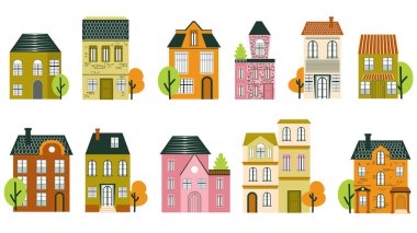Küçük evler dizayn edildi. Şehir caddesinde şirin İskandinav evleri olan koleksiyon, pencereli, kapılı ve çatılı evler, öndeki konutlar. Vektör illüstrasyonu.