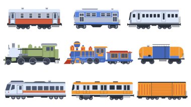 Tren elementleri dizayn ediliyor. Modern ve klasik ulaşım araçları, lokomotifler, yük vagonları ve yolcu trenleri, metro vagonları, demiryolu taşıma araçları ve arabaları. Vektör illüstrasyonu.
