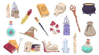Cadılık unsurları dizayn edildi. Mumlar, kafatasları, büyü kitapları, cadı kazanı, sihirli değnek, sihirbaz şapkası, sinek ağariği, bitkiler, iksirler, tarot kartları, daha birçok eşya. Vektör illüstrasyonu.