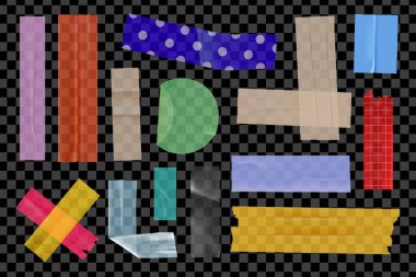 Bant etiketleri tasarımı ayarladı. Renkli yapışkan selobantlı kolleksiyon, yırtık kenarlı, şeffaf çizgili şeritler ve albüm süslemeleri için kurdeleler. Vektör illüstrasyonu.