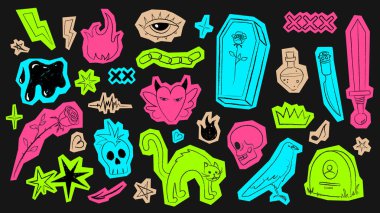 Kesik kenarlı karalama grunge tasarımlı punkçı yapıştırmaları. Yıldırım, ateş, yıldız, zincirler, haç, kılıç, bıçak, tabut, gül, zehir, heykel, daha fazlası. Vektör illüstrasyonu