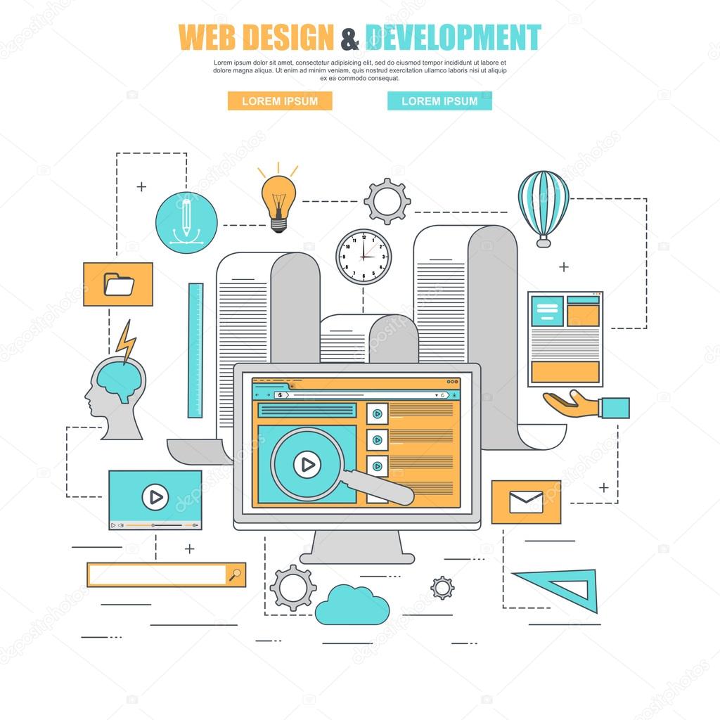 Thin line flat design concept for process web design and development website