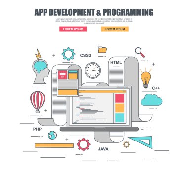 İnce çizgi düz tasarım konsepti uygulaması geliştirme ve Web sitesi programlama kodu oluşturmak için