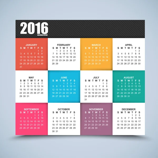 Diseño del calendario 2016 año. Plantilla de diseño de vector simple — Archivo Imágenes Vectoriales