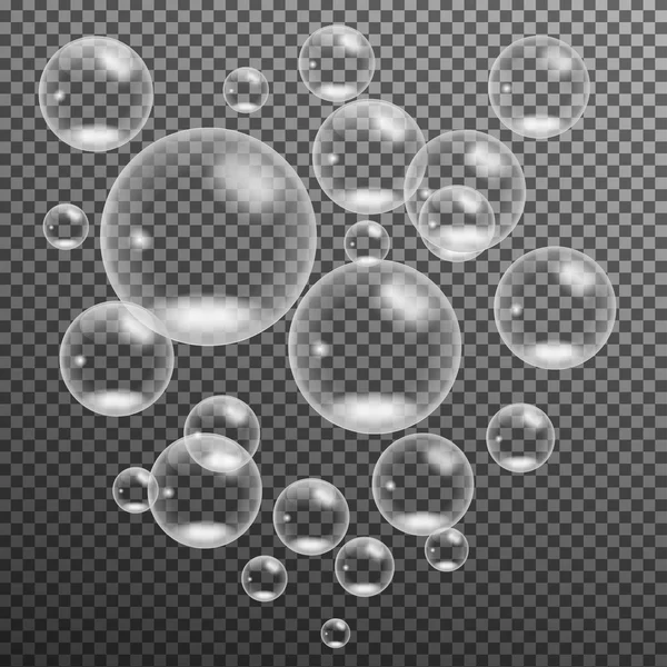 Realistické bílá transparentní vodní bubliny s odleskem — Stockový vektor