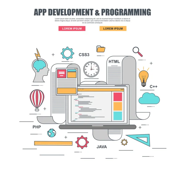Tunn linje platt designkoncept för app utveckling och skapa webbplats programmeringskod — Stock vektor