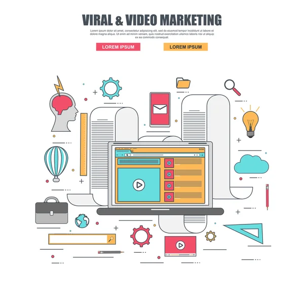 Concepto de diseño plano de línea delgada de marketing viral y de video — Vector de stock