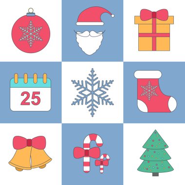 İnce çizgi düz Noel simge vektör ayarla.