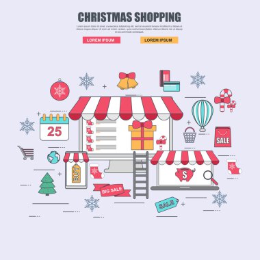İnce çizgi düz tasarım konsepti Noel için online mağaza satın alma malların