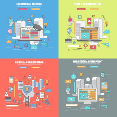 4 ince çizgi düz tasarım konsepti tasarımcı, eğitim ve öğrenme, viral ve video dizi pazarlama, büyük fikir