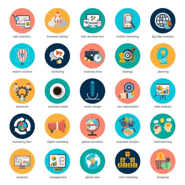 İnternet pazarlama, e-ticaret, iş için modern düz tasarım kavramı simgeler kümesi. Simgeler Web siteleri, baskı ve sunu şablonları, infographics, web ve mobil hizmetler ve uygulamalar için kullanılabilir.