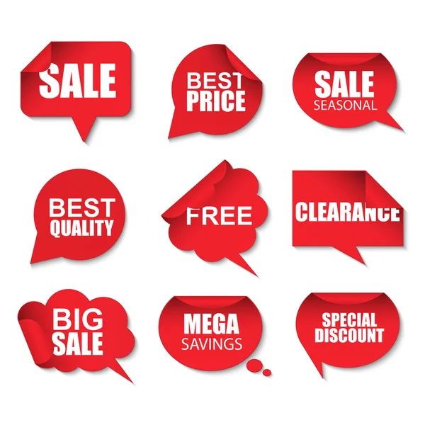 Set of red sale realistic curved paper speech bubbles stickers on white background. Can be used for e-commerce, e-shopping, flyers, posters, web design and printed materials. — Stock Vector