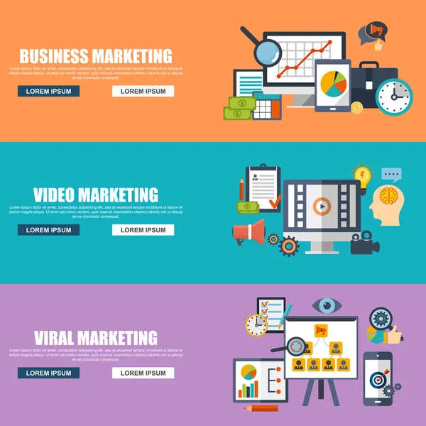 Conceitos de design plano para marketing de negócios, produção de vídeo viral, campanha de marketing digital, comunicação de massa média na internet, compartilhamento de mídia. Conceitos para banner web e materiais impressos . —  Vetores de Stock