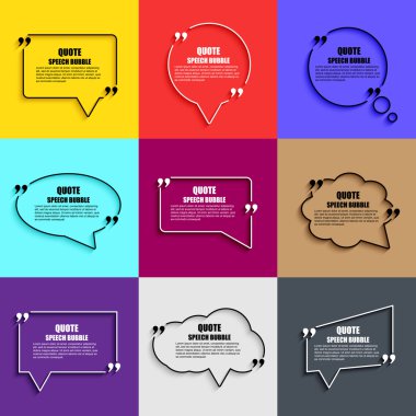 Konuşma balonu vektör tasarım şablonu alıntı. Kartvizit şablonu, kağıt sayfası, bilgi, metin daire içine alın. Baskı tasarımı. Kısa tırnak tırnak işaretleri içinde.