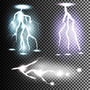Tasarım için şeffaflık ile izole gerçekçi Lightning'ler topluluğu. Gök gürültüsü fırtına ve Lightning'ler. Parlak ışık efektleri.