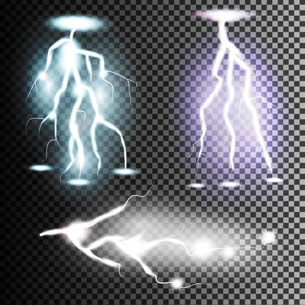 Tasarım için şeffaflık ile izole gerçekçi Lightning'ler topluluğu. Gök gürültüsü fırtına ve Lightning'ler. Parlak ışık efektleri. — Stok Vektör