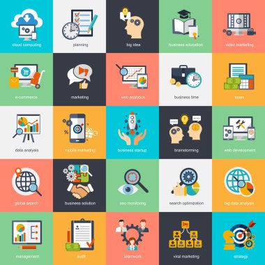 İnternet pazarlama, e-ticaret, iş için modern düz tasarım kavramı simgeler kümesi. Simgeler Web siteleri, baskı ve sunu şablonları, infographics, web ve mobil hizmetler ve uygulamalar için kullanılabilir.