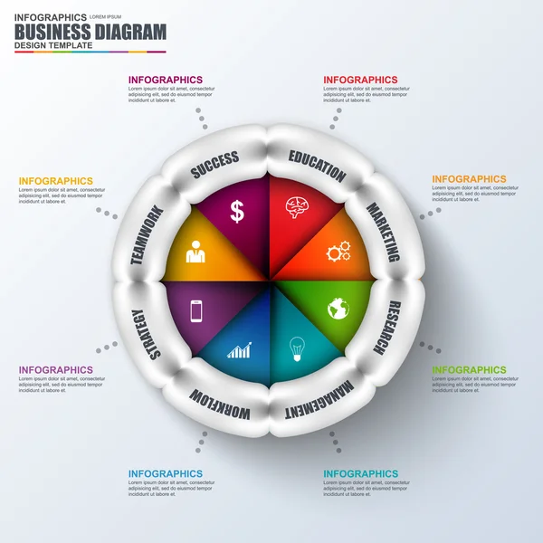 Infografía abstracta de la comercialización del negocio 3D. Se puede utilizar para el diseño del flujo de trabajo, visualización de datos, concepto de negocio con 8 opciones, piezas, pasos o procesos, banner, diagrama de ciclo, gráfico, diseño web . — Vector de stock