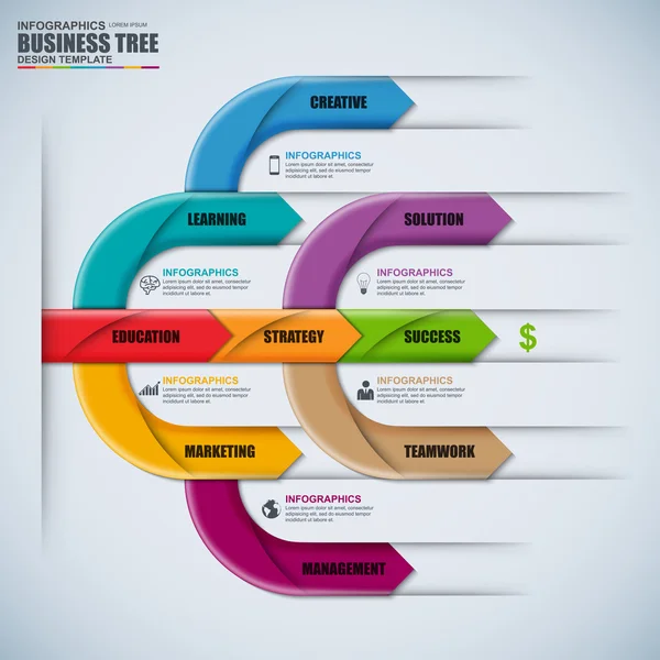 Modèle de conception vectorielle d'arbre de flèche infographique. Peut être utilisé pour les processus de flux de travail, bannière, diagramme, options de nombre, chronologie, plan de travail, conception Web . — Image vectorielle