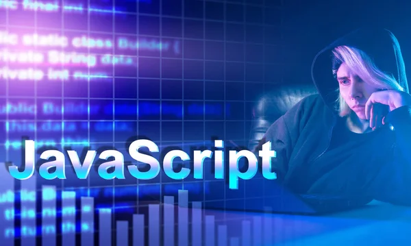 Woman is learning javascript. Logo javascript near with young woman. Concept - she wants to become a javascript programmer. Girl uses laptop. Development with Java. Elements code in foreground.