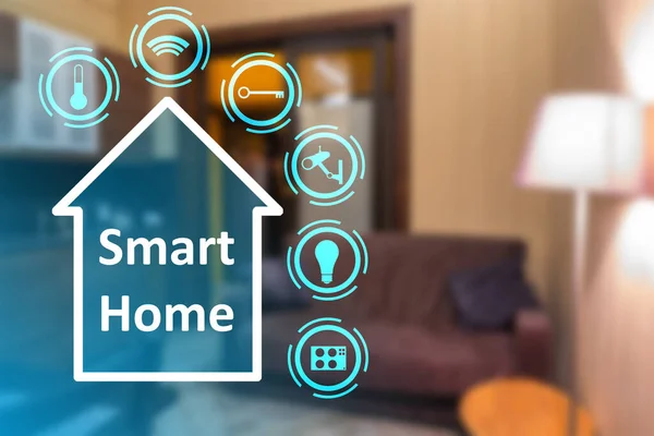 Concept of smart home appliances. Cottage is connected smart home appliances. Remote control and management of home systems. IOT device symbols on blurred living room background.