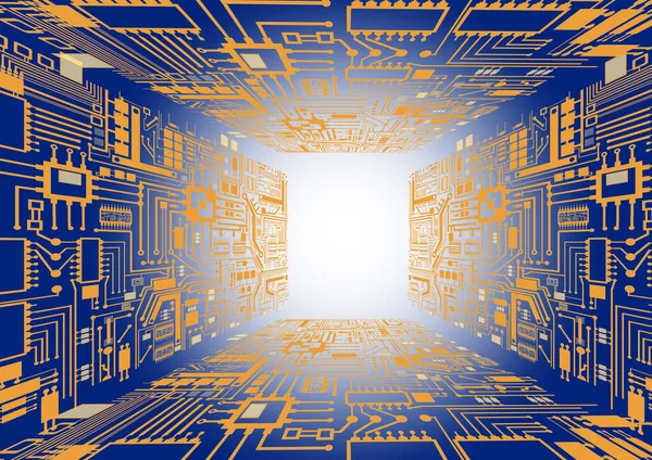A pattern of four printed circuit boards with an empty space in the middle. Abstract printed circuit boards in blue. Printed circuit boards form a corridor. Electronic concept with space for text.