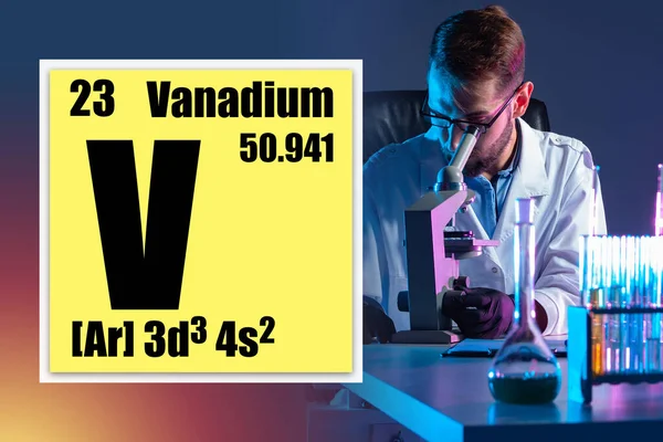 Vanadium chemical element. Vanadium logo in a yellow box. Data on vanadium against the background of the chemist work. Man studies a substance in a chemical laboratory. Elements of the periodic table.