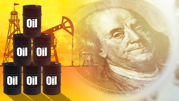 Recovering profits from sale of oil. Concept - oil refining earnings. Inscription oil on black barrels. Concept - purchase petroleum futures. Franklin portrait. Petroleum production symbols