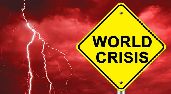 World crisis inscription on road signs. Bad weather in the background as a symbol of trouble. Concept - an approaching world crisis. Yellow world crisis logo close up. Thunderstorm and Lightning Sky.