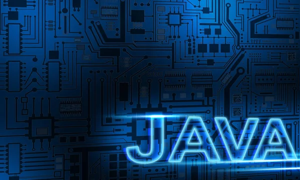 JAVA logo on PCB background. JAVA lettering in the lower right corner. Software development using JAVA. Printed circuit board lines as a symbol of electronics. Concept - Javascript Programming.