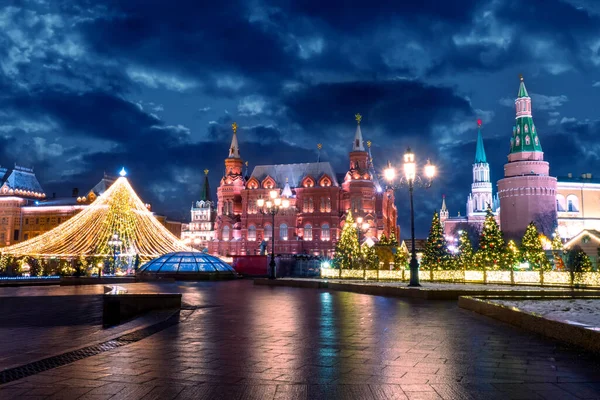 Manezhnaya Square in Moscow. Christmas in Russia. New Year\'s decorations of the arena square. Winter night in the Russian city. Christmas lights in Moscow. Christmas holidays in Russia.