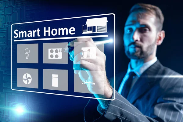 Smart home system symbols on a virtual screen. Businessman presses smart home button. Smart home touchpad in front of a person. Man in a business suit in background. Concept - control of IOT house
