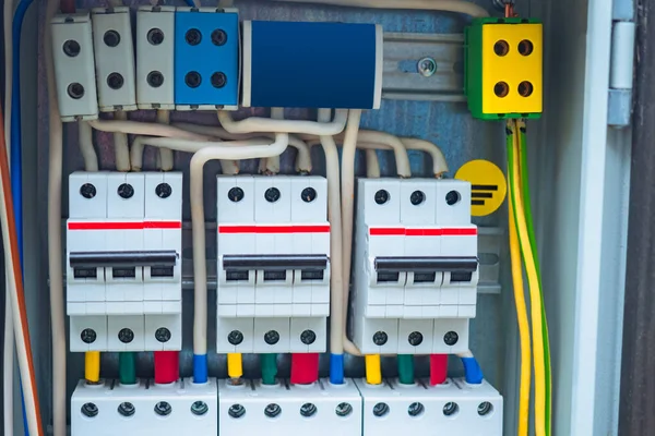 Switchboard close-up. Voltage distributor with automatic switches. Electric background. Power supply to buildings. Supply of electricity.