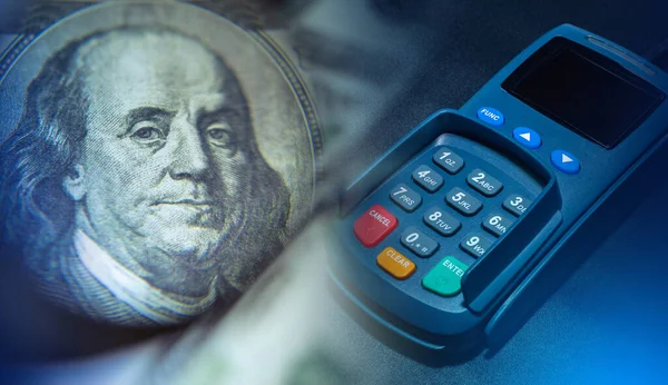 Cash and non-cash payments. A dollar bill and a Bank card terminal. Payment in cash or by Bank transfer. Account and payment terminal. Types of payments.