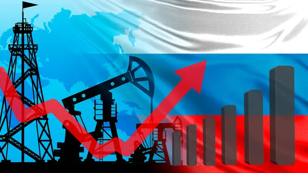 Oil field in Russia. Concept - Urals brand oil. Increase in prices Russian petroleum. Charts show revenue growth. Concept - increase of inventory in storage. Rossia flag. Increased oil consumption