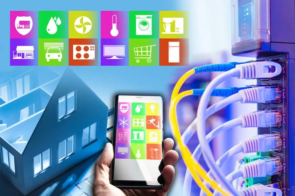 Smart home. Management your home through the mobile app. Connecting the cottage to the smart home system. The technology of home automation. Technical concept of a smart house.