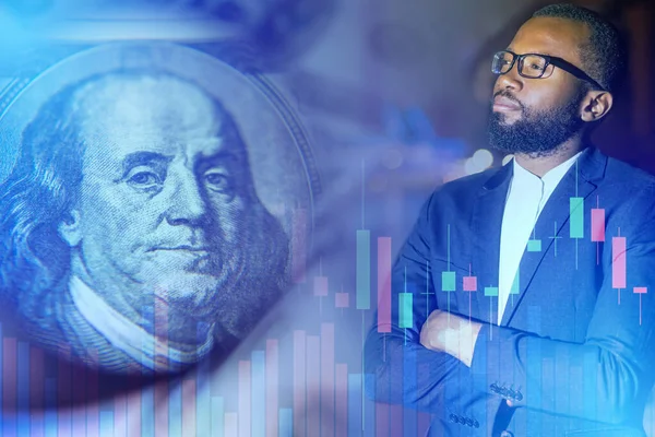 Investing. A young guy next to franklin. Portrait of Franklin with dollar bills. Black man. Concept - African American student investing. Revenue growth. Graph increases. Earnings at  time of crisis