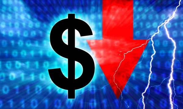 Falling dollar. Dollar sign next to down arrow. Depreciation of American currency. Decrease in value of American currency. Arrow shows decrease in demand for US dollar. Blue binary code in background