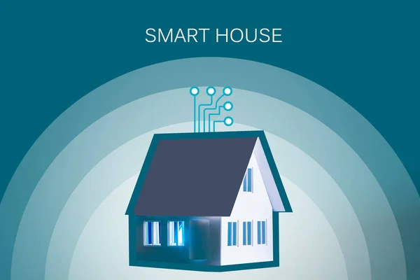 Smart home system technology concept. House with centralized control of household appliances. Smart home logo on a turquoise background. Ecosystem for smart home control. Internet of things system