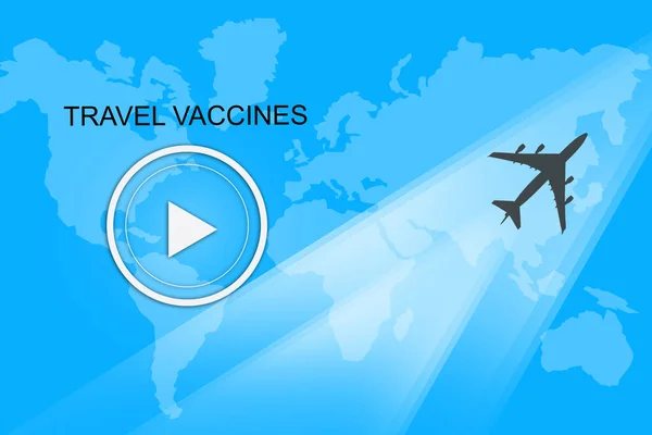 Travel vaccines for air flights. Travel vaccines concept for covid-19 coronavirus. They avoid covid-19 quarantine. Travel vaccines lettering on a blue world map background. Beginning of vaccination