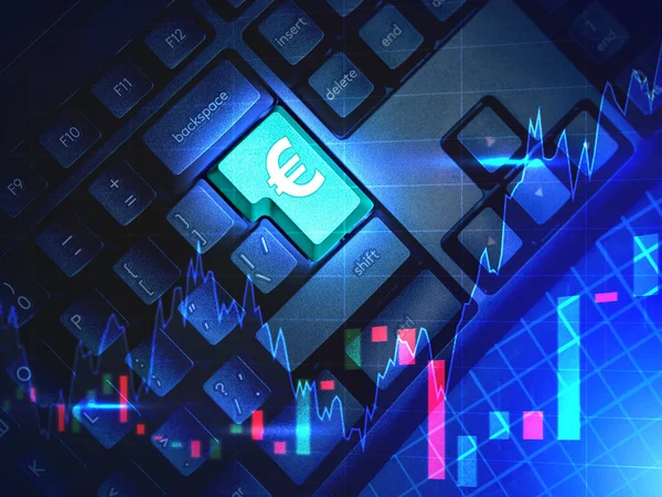 Growth of British pound sterling. Pound sterling logo is glowing. Keyboard as symbol of electronically stock market. British pound on electronic stock. Exchange of money England for other currencies