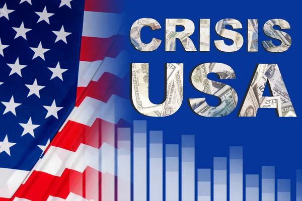 Crisis of USA economy. Crisis USA logo next to American flag. He shows problems in American economy. Concept - problems of United States of America Treasury. Financial problems in USA federal budget