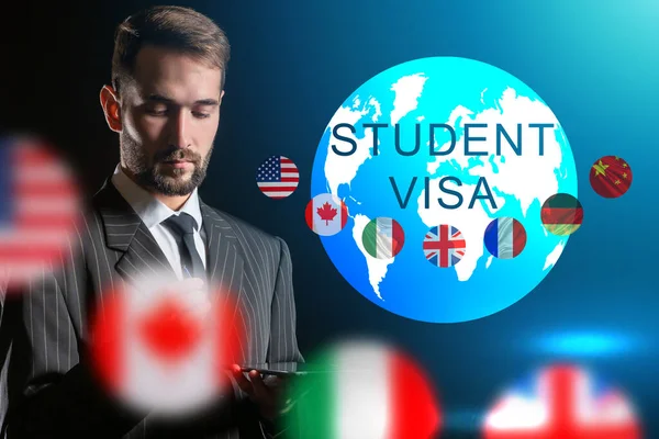 Student visa logo next to flags of different countries. Immigration lawyer in front of student visa inscription. Admission to a university in another country. Immigration through a student visa.