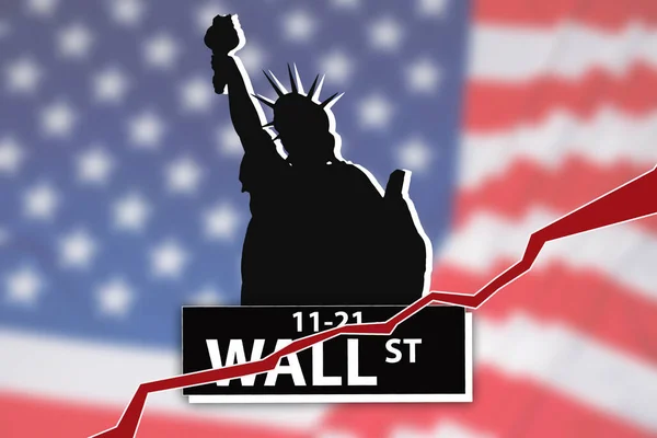 Wall street crisis. Wall street collapse due to financial bubble. Concept - problems for large US investors. Blurred USA flag in background. Crisis situation on stock exchange of America.