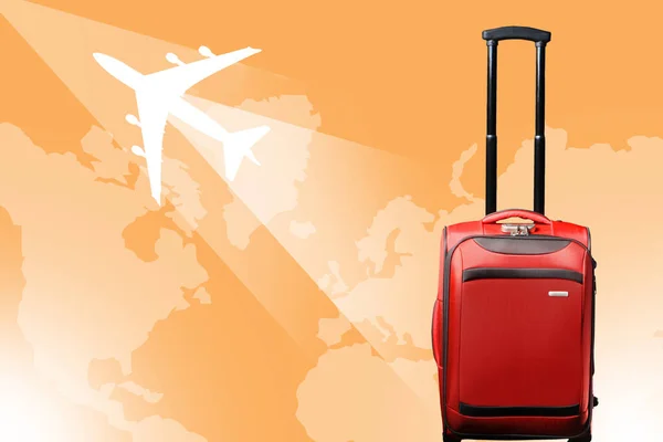 Travel suitcase as a symbol of travel. World travel concept with tourism suitcase. Traveler bag close up. Airplane on background of world map. They symbolize tourism business. Business for travelers