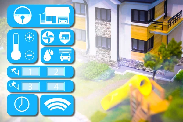 Smart home automation. Buttons for remote control of smart home. Two-storey house in the background. Concept - smart home automation control panel. This cottage is equipped with iot automation