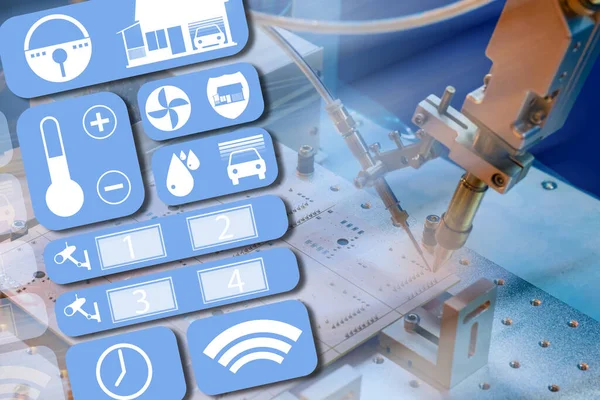 Production of IOT devices. smart home control panel. It symbolizes IOT devices. PCB manufacturing equipment in background. Microboards as a symbol of smart home system production.