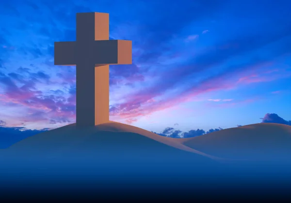 Christian cross in hills. Illustration with catholic cross. Cross as a symbol of Christianity. Belief in Catholic religion. Christian symbol on background of evening sky. 3D illustration on religion